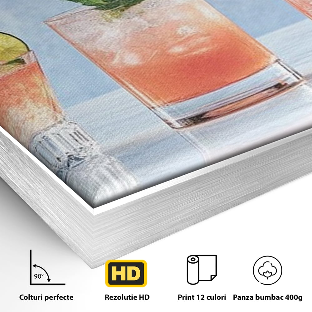 Detaliu al suprafetei: tablou canvas cu cinci pahare de cocktail, in rama de aluminiu argintiu